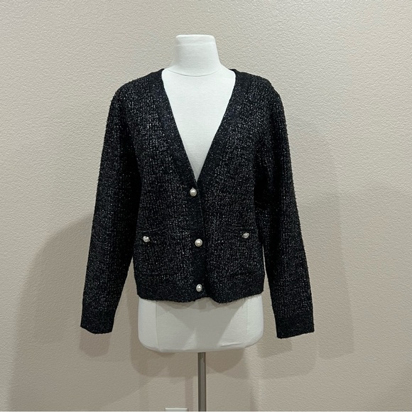 Adyson Parker Black Metallic Silver Thread Cardigan Sweater NWT Size Large - Picture 3 of 13